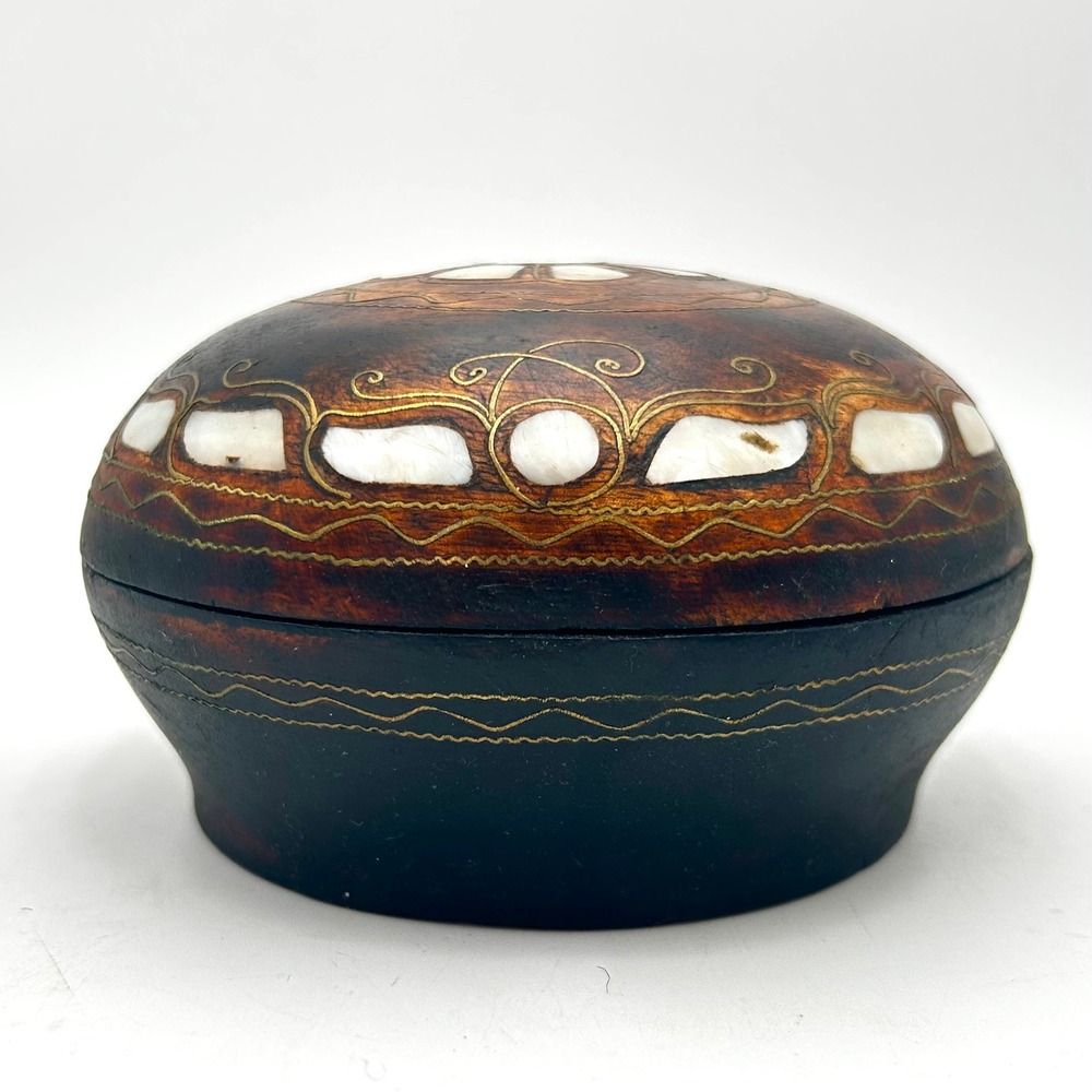 Vintage 5"W Handcrafted Hinged Wooden Jewelry Trinket Box Mother of Pearl Inlay - Picture 3 of 7